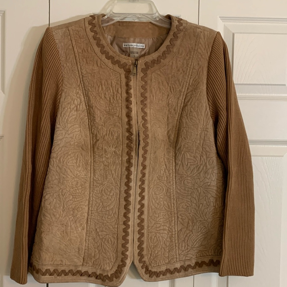 Peter Nygard Women’s L Suede Sweater Jacket Fall Autumn Embroidered.  L1